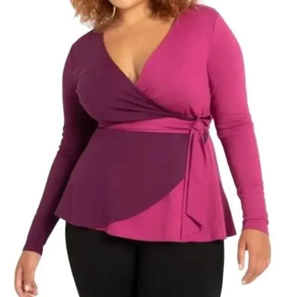 New! ELOQUII Colorblock Wrap Top Purple Fuchsia Stretch Knit plus size 20 - Picture 1 of 14